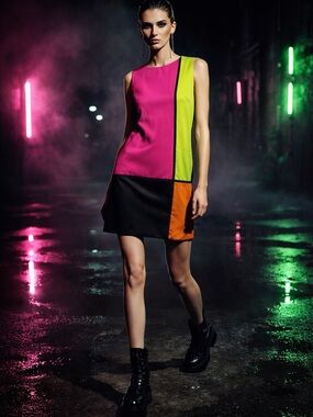 Colorblock Mini Shift Dress in Pink, Lime & Orange